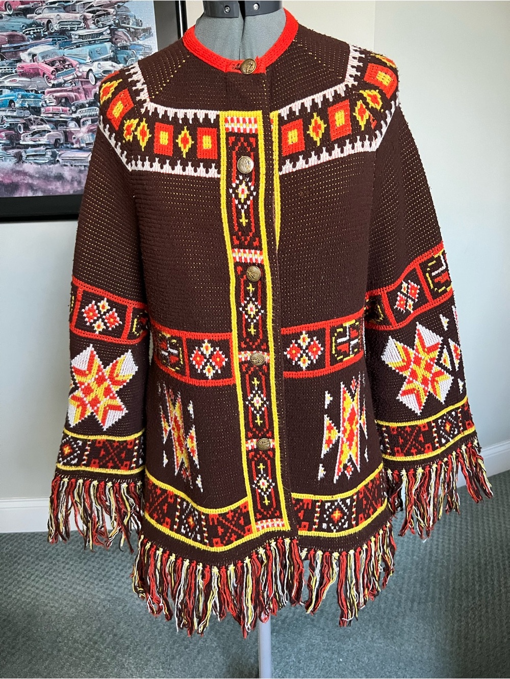 Montgomery Ward M 70's Indian Aztec design Cape Poncho Cardigan Sweater